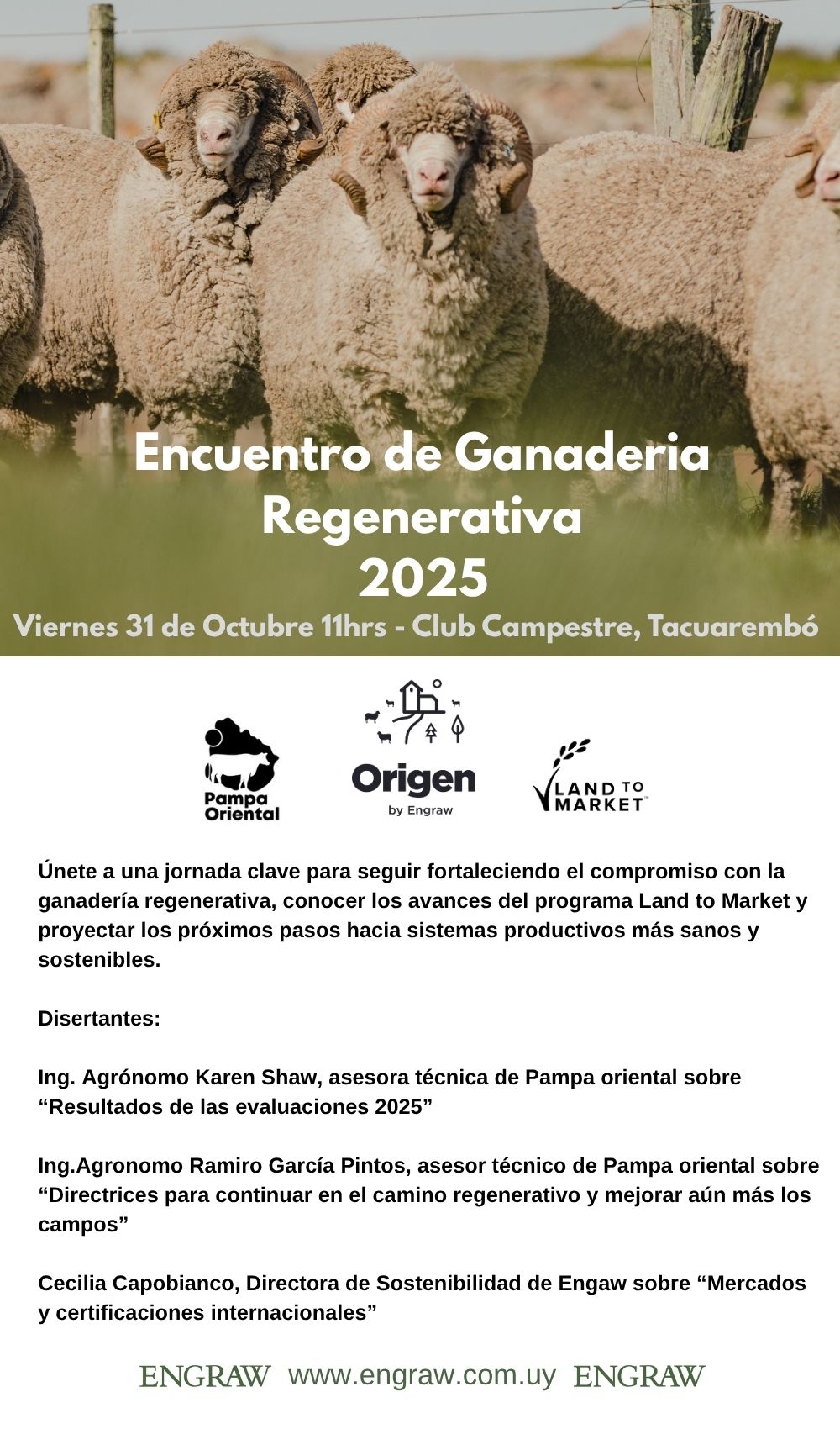 Invitation flyer for the Encuentro de Ganadería Regenerativa 2025 at Club Campestre, Tacuarembó